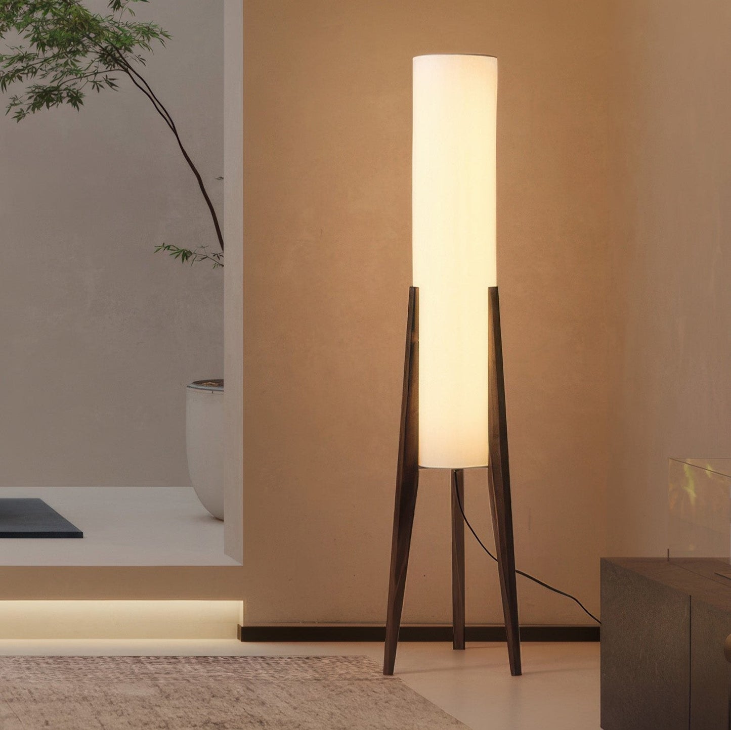 Lampadaire en Noyer – Élégance Nordic Retro avec Abat-jour en Tissu