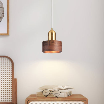 Suspension Cylinder – Lampe Moderne en Laiton et Bois avec Éclairage LED