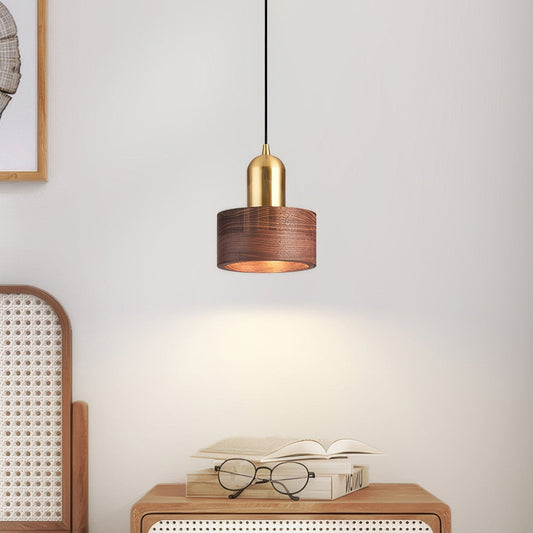 Suspension Cylinder – Lampe Moderne en Laiton et Bois avec Éclairage LED