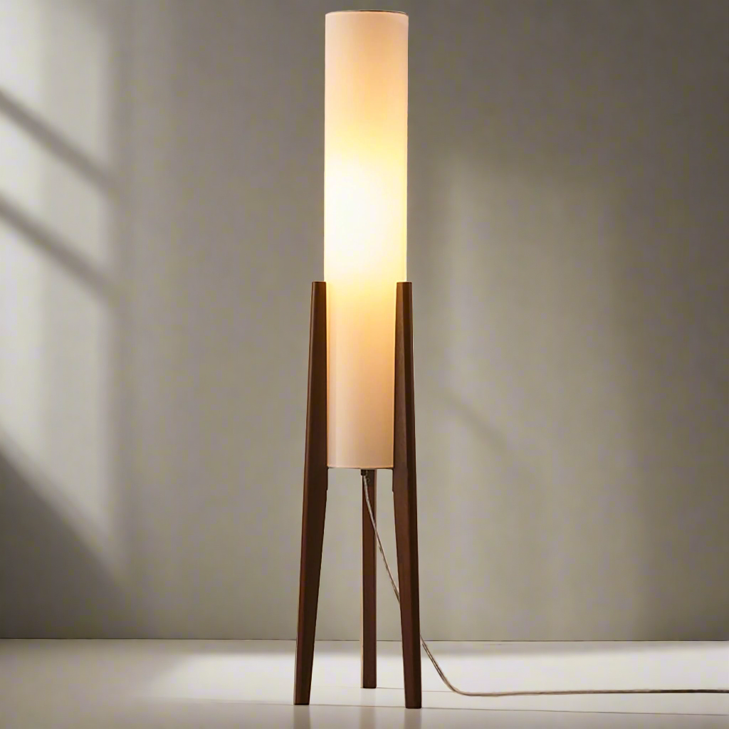 Lampadaire en Noyer – Élégance Nordic Retro avec Abat-jour en Tissu