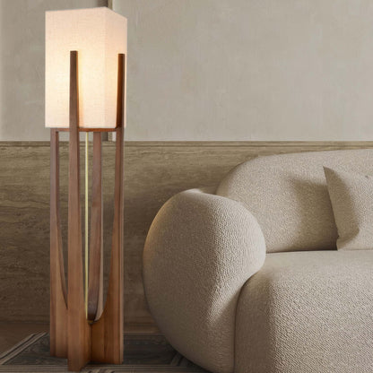 Lampe Sur Pied Japonaise en Bois de Noyer - Éclairage LED avec Abat-jour en Coton et Lin, Douille E27