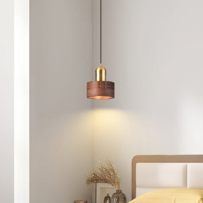 Suspension Cylinder – Lampe Moderne en Laiton et Bois avec Éclairage LED