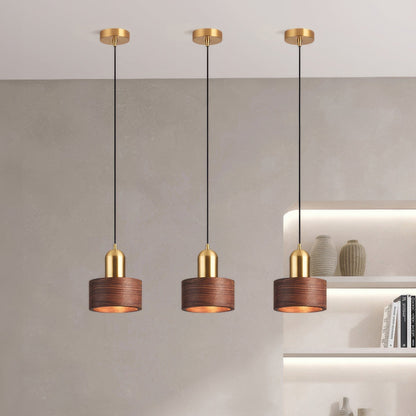 Suspension Cylinder – Lampe Moderne en Laiton et Bois avec Éclairage LED