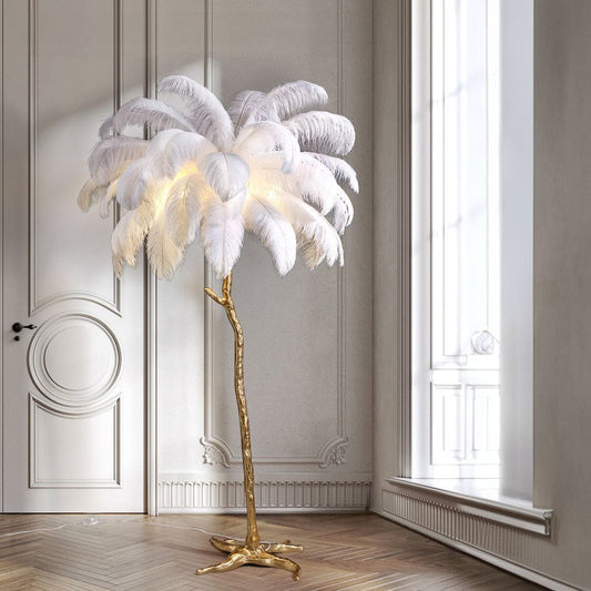 Lampe sur Pied avec Plumes d’Autruche – Élégance et Design Moderne en Résine