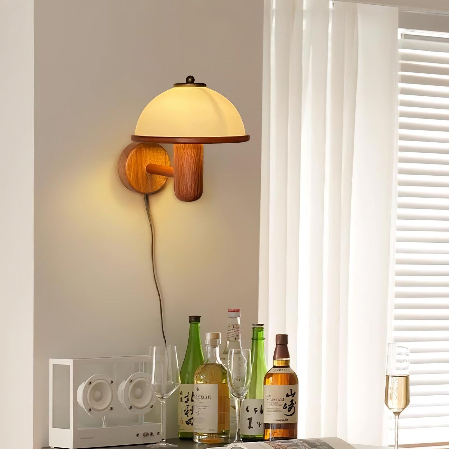 Lampe Murale Pilz en Bois – Élégante Lampe à Eiche avec Abat-jour Blanc