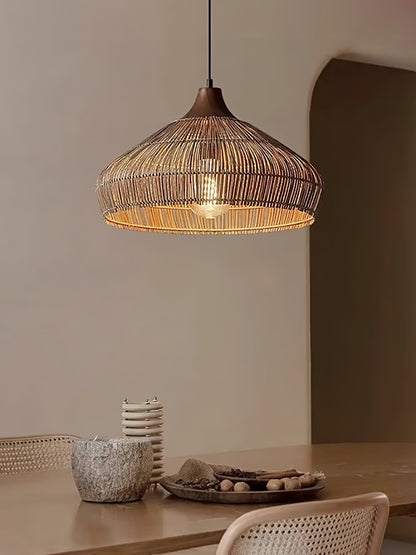 Suspension Wicker Rattan avec Abat-jour en Bois et Rattan - Éclairage LED