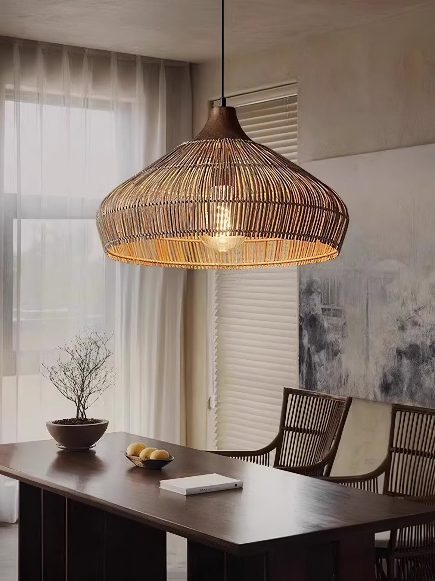 Suspension Wicker Rattan avec Abat-jour en Bois et Rattan - Éclairage LED
