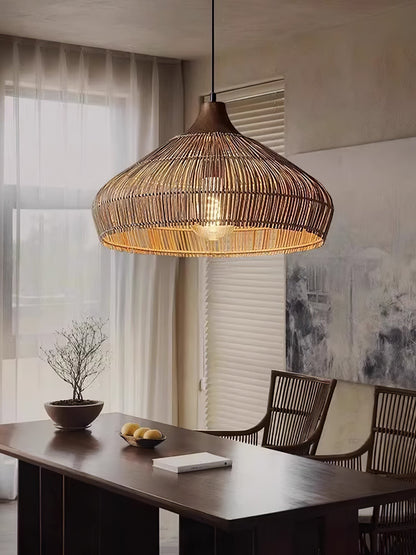 Suspension Wicker Rattan avec Abat-jour en Bois et Rattan - Éclairage LED