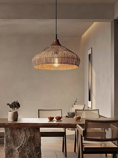 Suspension Wicker Rattan avec Abat-jour en Bois et Rattan - Éclairage LED