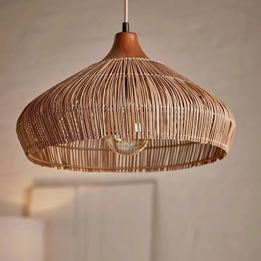 Suspension Wicker Rattan avec Abat-jour en Bois et Rattan - Éclairage LED