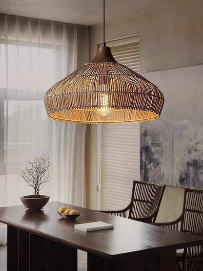Suspension Wicker Rattan avec Abat-jour en Bois et Rattan - Éclairage LED
