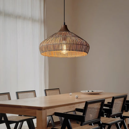 Suspension Wicker Rattan avec Abat-jour en Bois et Rattan - Éclairage LED