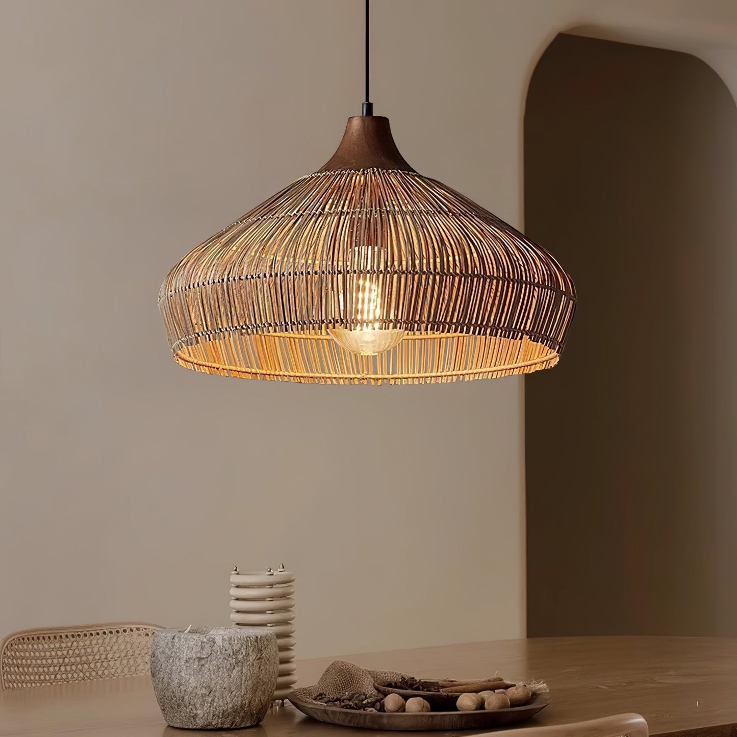 Suspension Wicker Rattan avec Abat-jour en Bois et Rattan - Éclairage LED