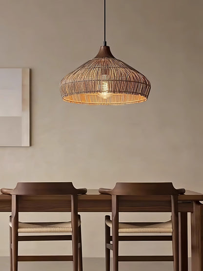 Suspension Wicker Rattan avec Abat-jour en Bois et Rattan - Éclairage LED