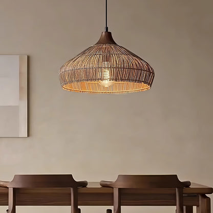 Suspension Wicker Rattan avec Abat-jour en Bois et Rattan - Éclairage LED