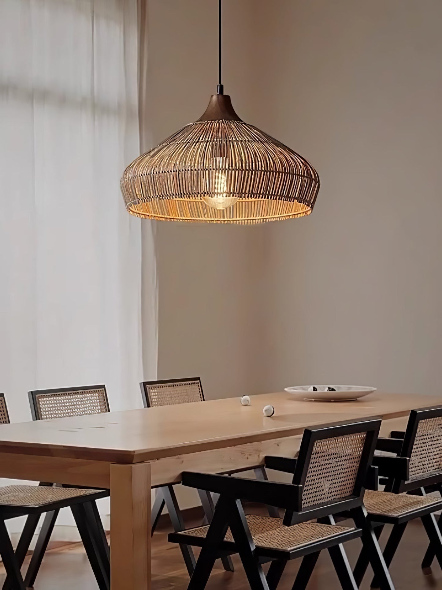 Suspension Wicker Rattan avec Abat-jour en Bois et Rattan - Éclairage LED