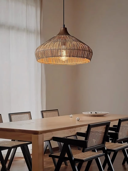 Suspension Wicker Rattan avec Abat-jour en Bois et Rattan - Éclairage LED