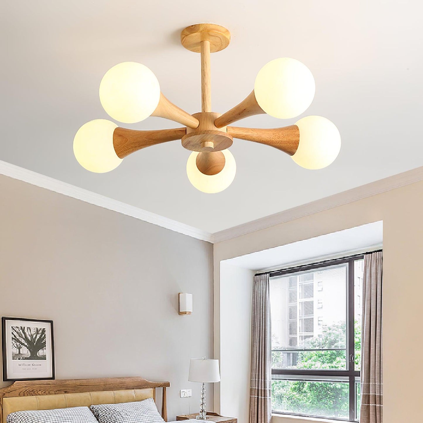 Chandelier en Bois et Verre - Design Élégant avec Lumière LED pour Petits Espaces