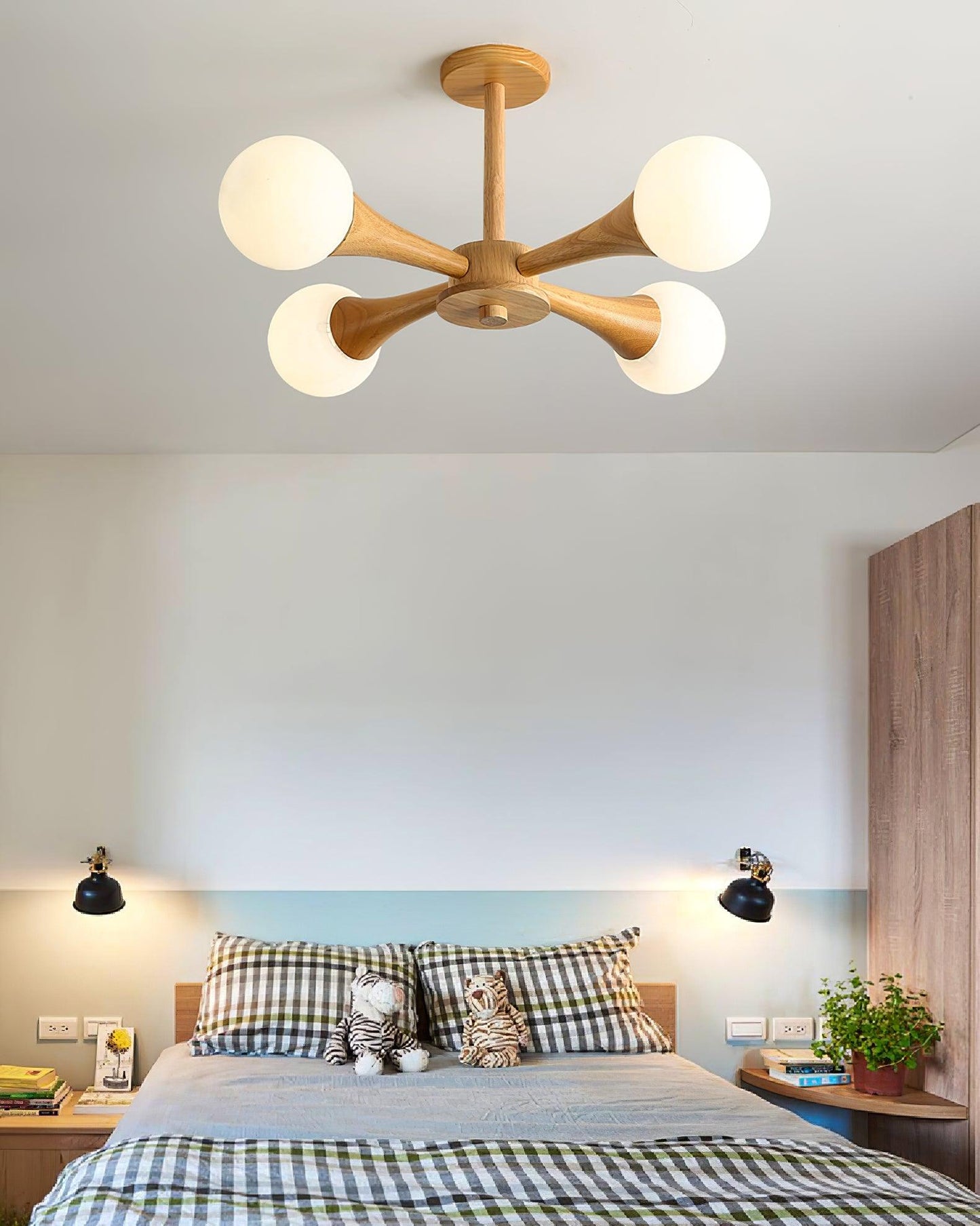 Chandelier en Bois et Verre - Design Élégant avec Lumière LED pour Petits Espaces