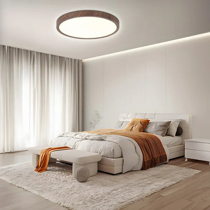 Plafonnier Circulaire Ultra-Fin – Design Minimaliste avec Finition en Noyer et Éclairage LED Réglable