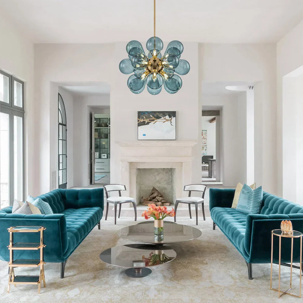 Chandelier Design Sphère avec Effet Bulles Bleues - Suspension Moderne et Élégante