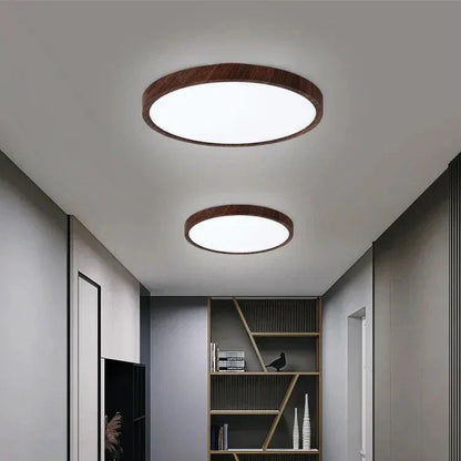 Plafonnier Circulaire Ultra-Fin – Design Minimaliste avec Finition en Noyer et Éclairage LED Réglable