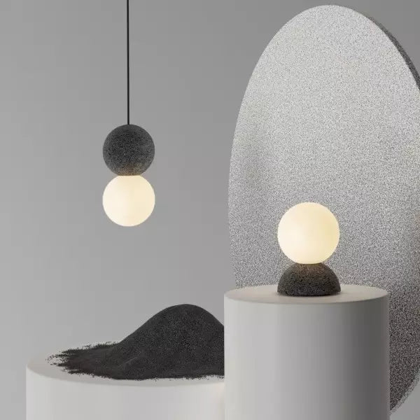 Suspension Origo – Design Géométrique en Pierre Volcanique et Diffuseur en Verre Opale