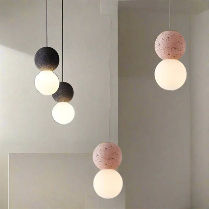 Suspension Origo – Design Géométrique en Pierre Volcanique et Diffuseur en Verre Opale