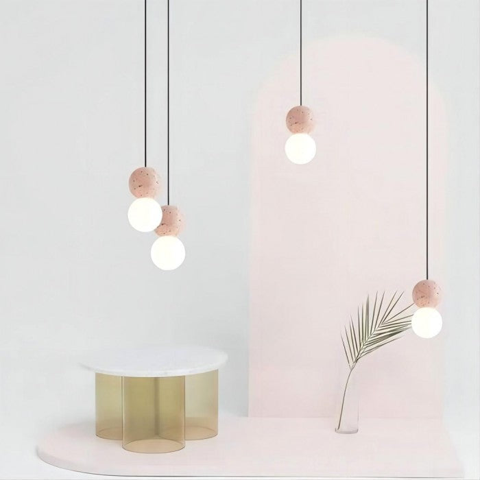 Suspension Origo – Design Géométrique en Zement, Pierre Volcanique et Verre Opale