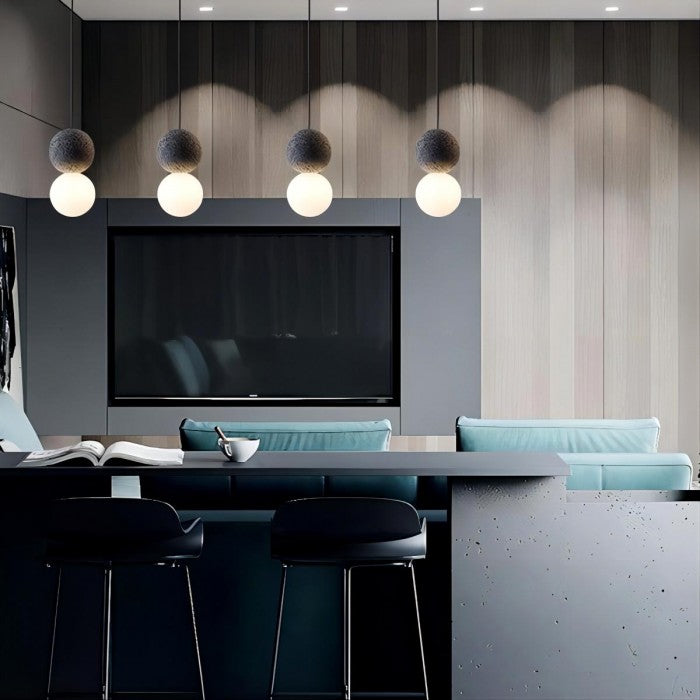 Suspension Origo – Design Géométrique en Zement, Pierre Volcanique et Verre Opale