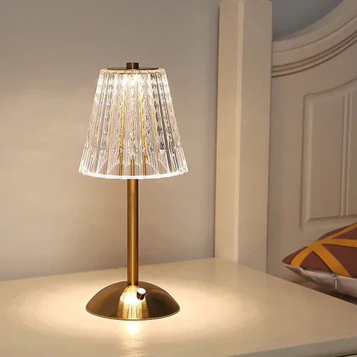 Lampe de Table Cristal Doré LED - Design Moderne avec Fonction Tactile et Sans Fil